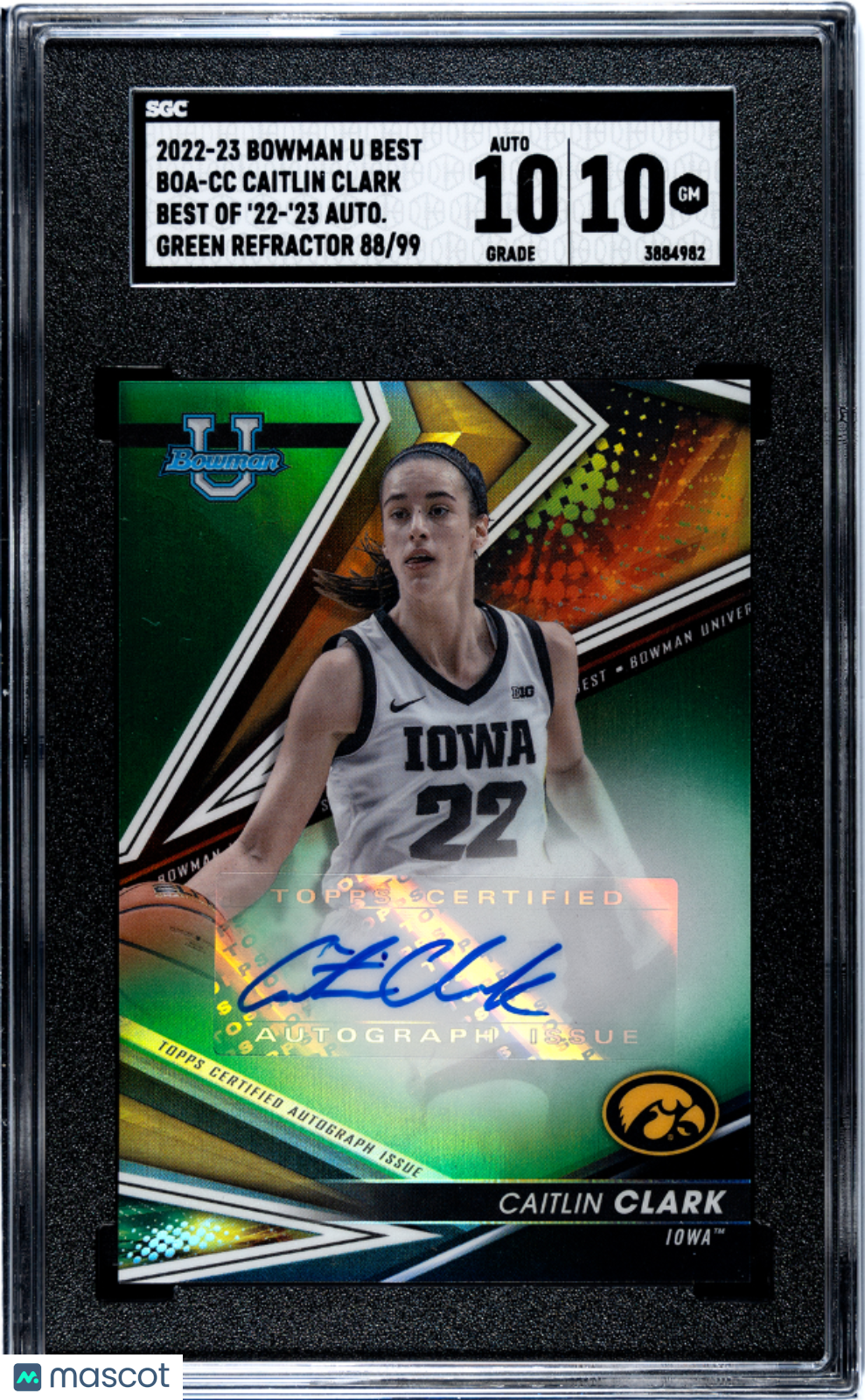 2022 Bowman University Best Caitlin Clark Auto Green Refractor /99 Rookie SGC 10