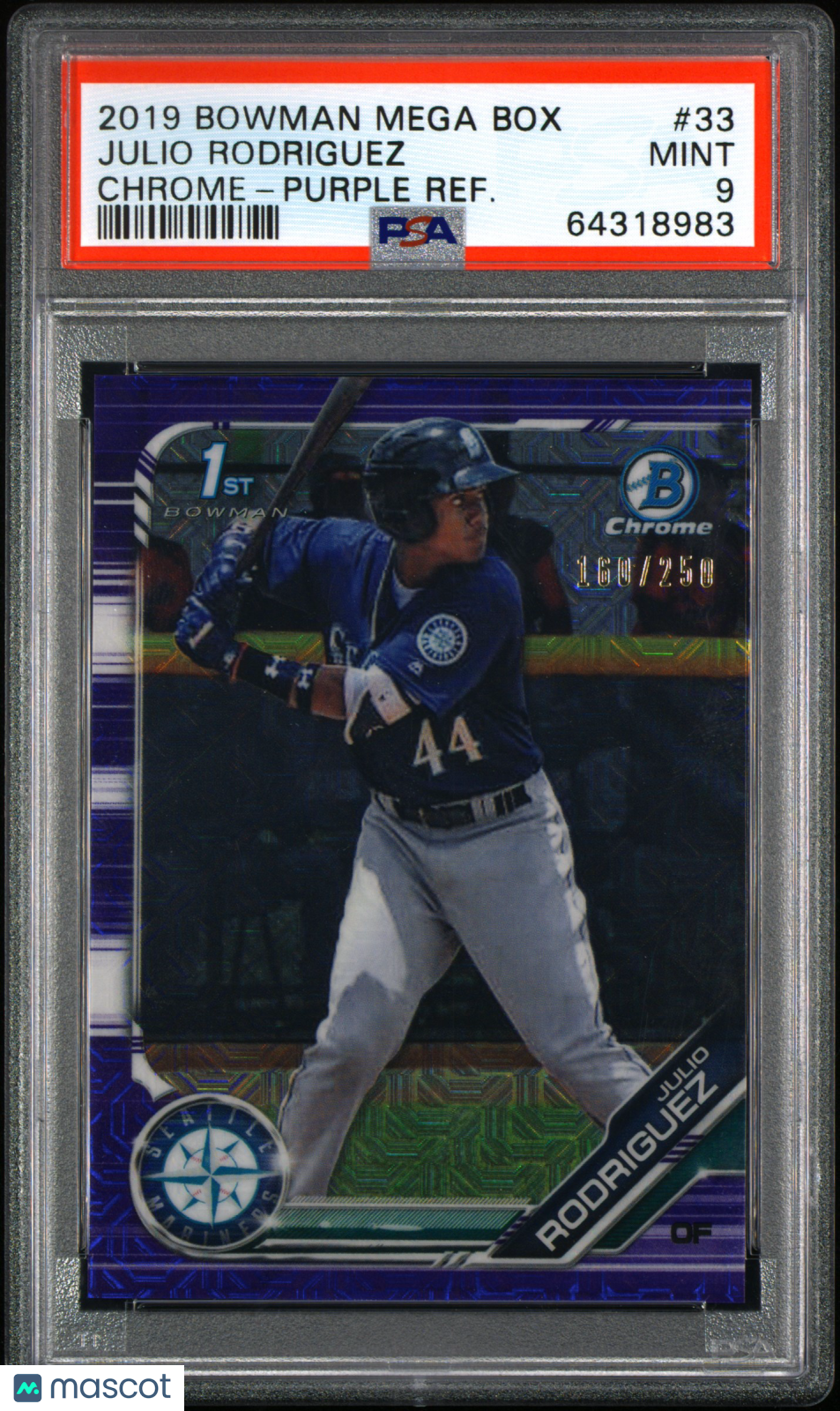 2019 Bowman Mega Box Chrome Julio Rodriguez Purple /250 Rookie 33 PSA 9 Mariners