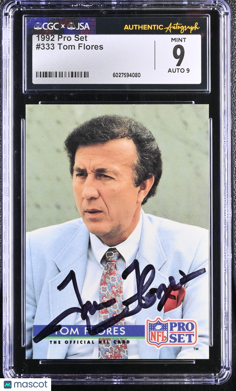 1992 Pro Set Tom Flores Auto Autograph #333 CGC 9 JSA Seattle Seahawks