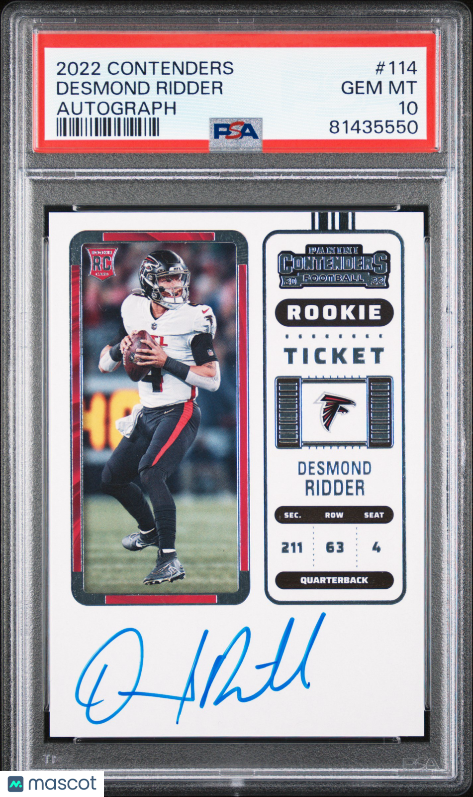 2022 Panini Contenders Desmond Ridder Autograph Rookie #114 PSA 10 Falcons