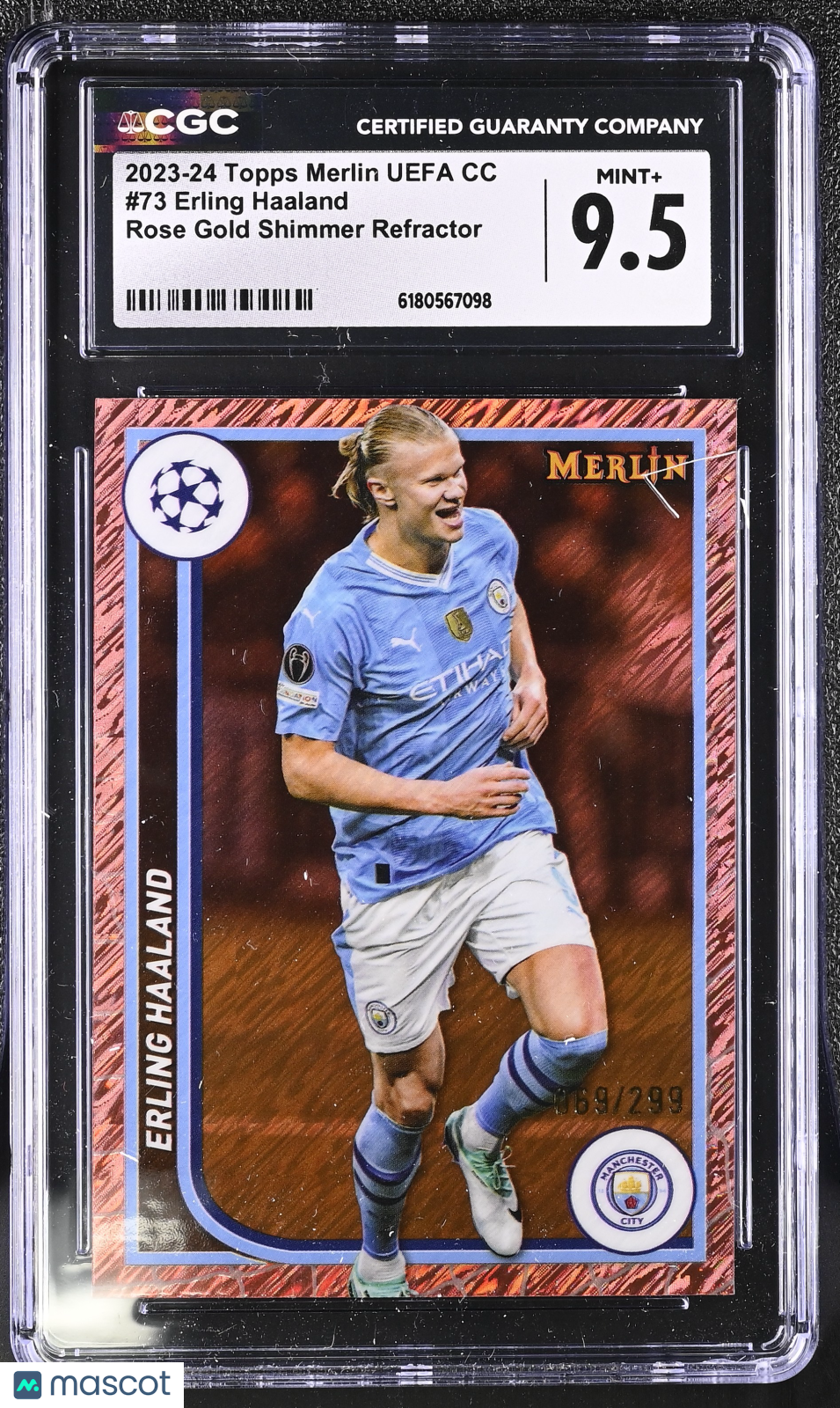 2023-24 Topps Merlin UEFA Erling Haaland Rose Gold Shimmer /299 #73 CGC 9.5