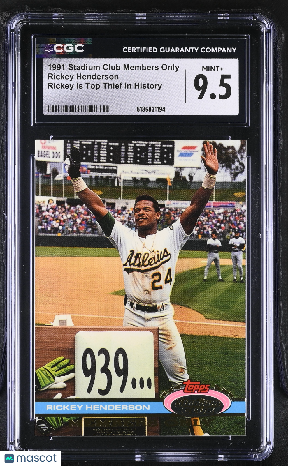 1991 Stadium Club Members Only Rickey Henderson CGC 9.5 Oakland Athletics