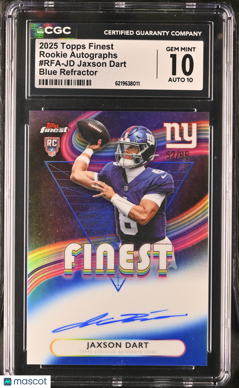 2025 Topps Finest Jaxson Dart Blue Refractor /99 Rookie Autograph CGC 10 Auto