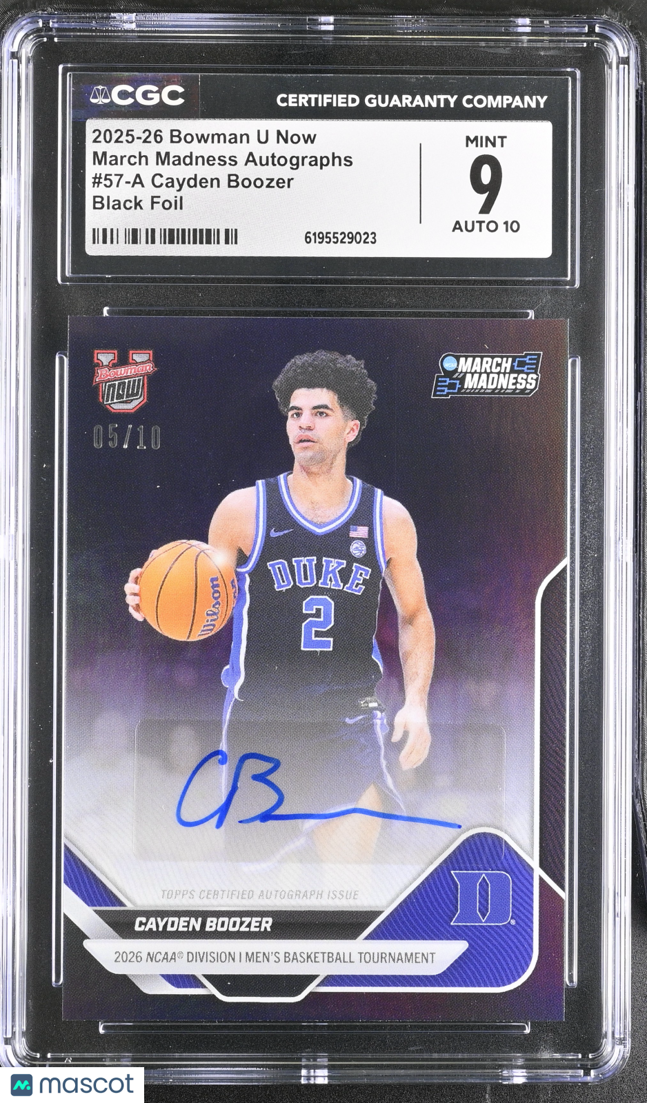 2025-26 Bowman U Now Cayden Boozer Black Foil /10 March Madness Auto CGC 9 Duke