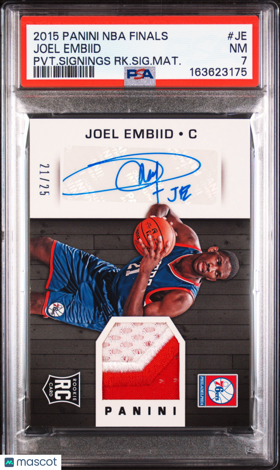 2015 Panini NBA Finals Signings Rookie Joel Embiid PVT. Auto. Patch /25 JE PSA 7