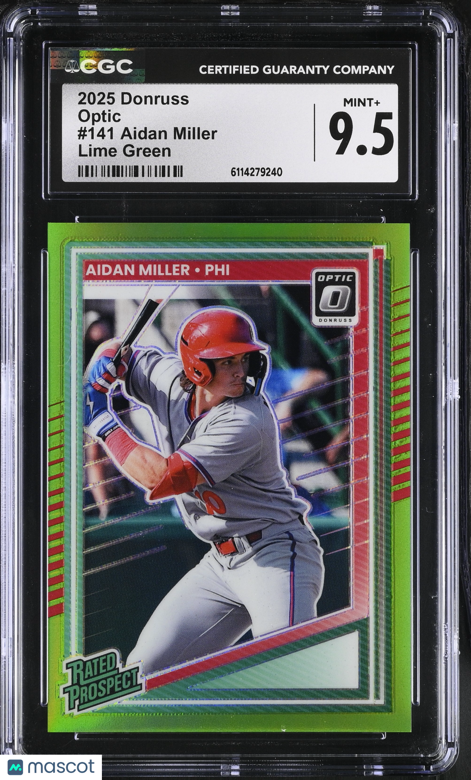 2025 Donruss Aidan Miller Lime Green /149 Rookie Optic #141 CGC 9.5 Phillies