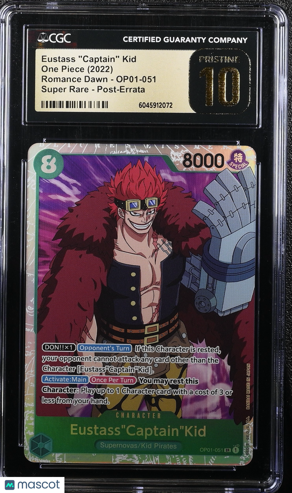 One Piece Romance Dawn Eustass Captain Kid Post-Errata CGC 10 OP01-051 Pristine