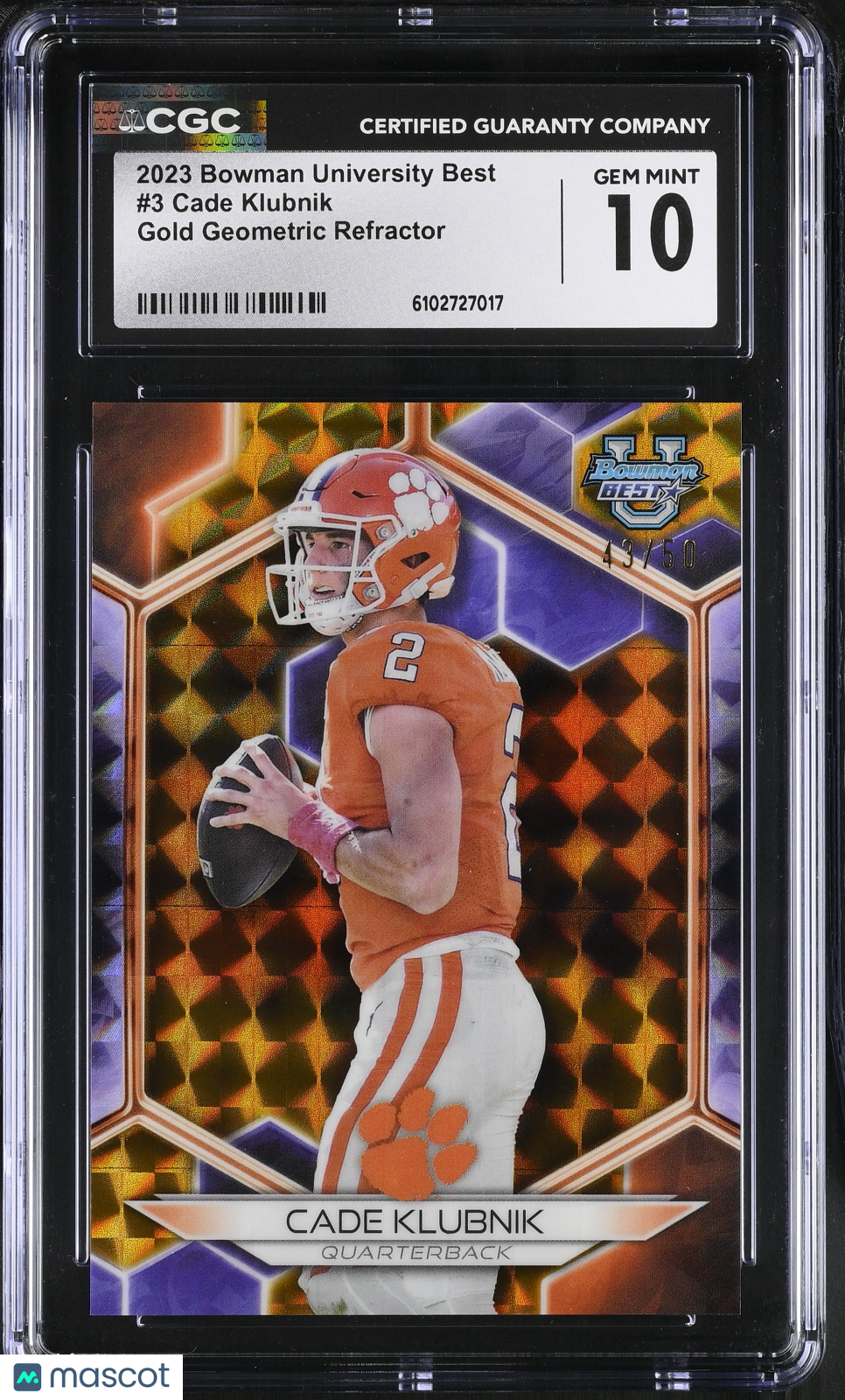 2023 Bowman University Best Cade Klubnik Gold /50 Rookie #3 CGC 10 Clemson