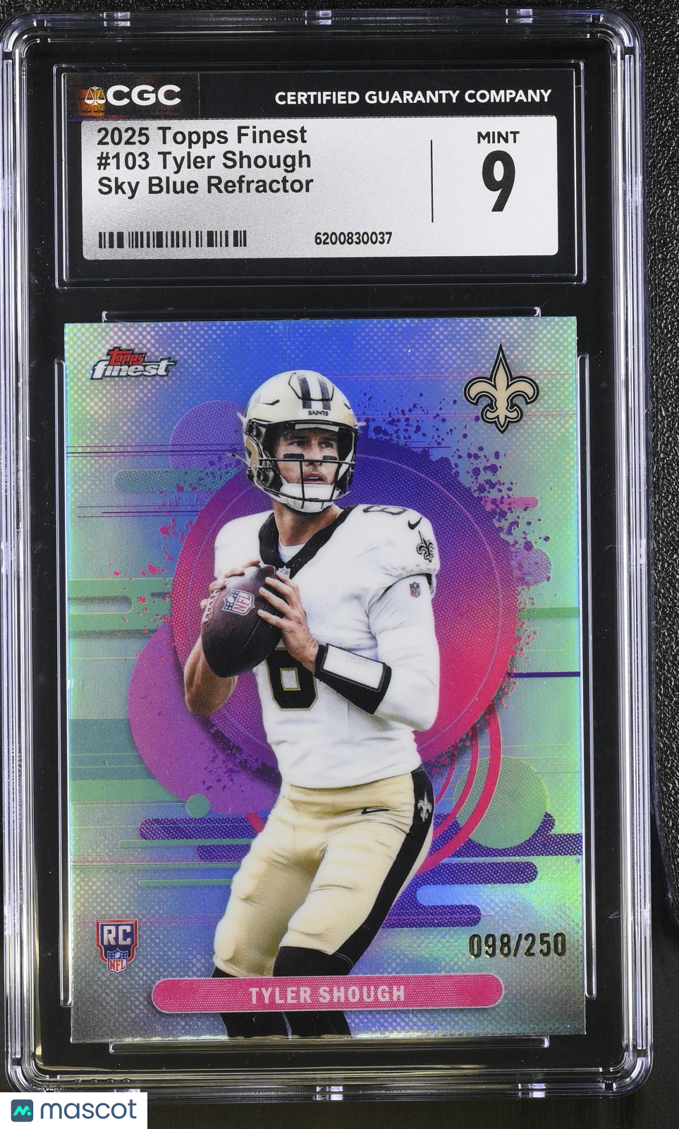 2025 Topps Finest Tyler Shough Sky Blue Refractor /250 Rookie #103 CGC 9 Saints
