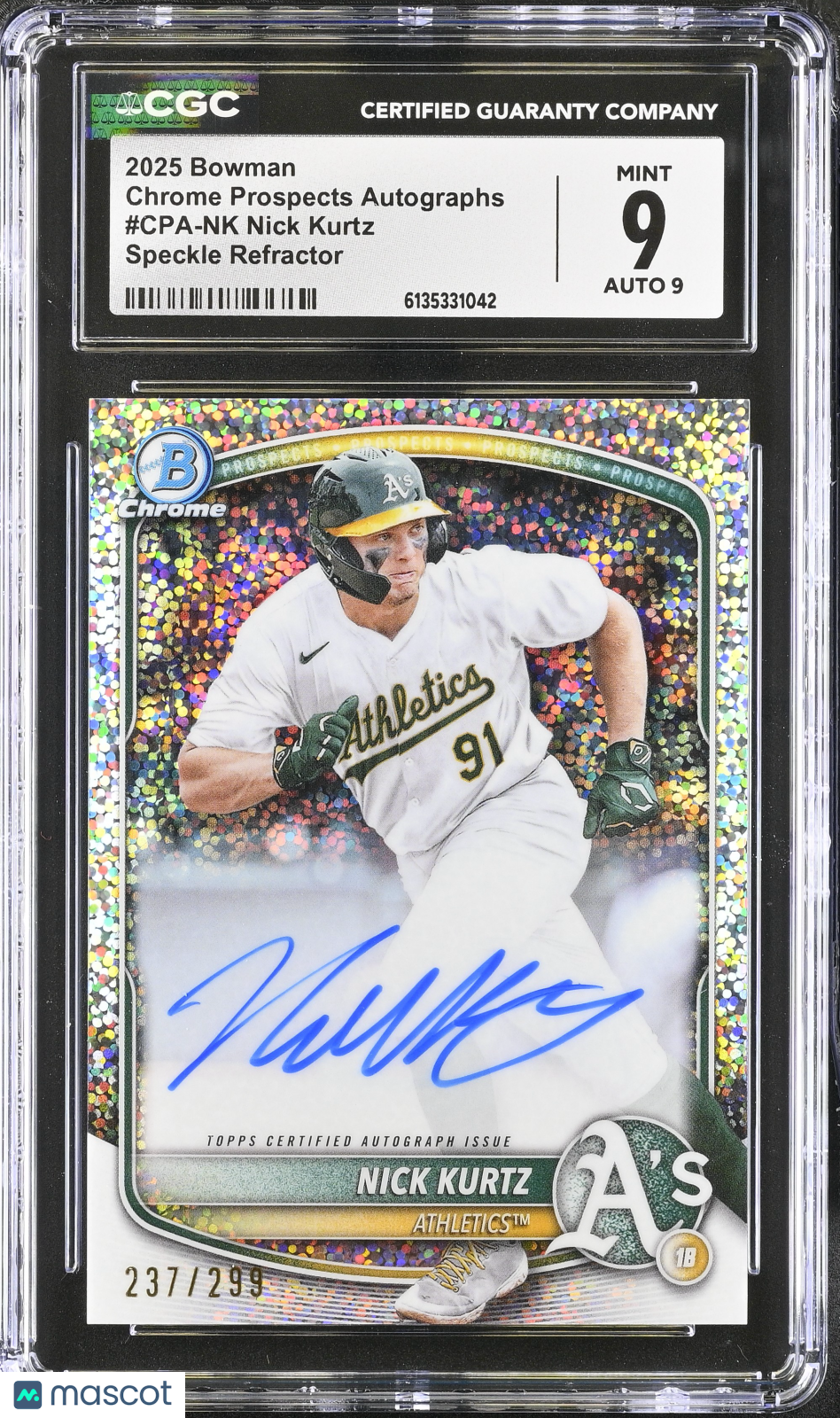 2025 Bowman Nick Kurtz Speckle /299 Rookie Chrome Auto #CPA-NK CGC 9 Athletics