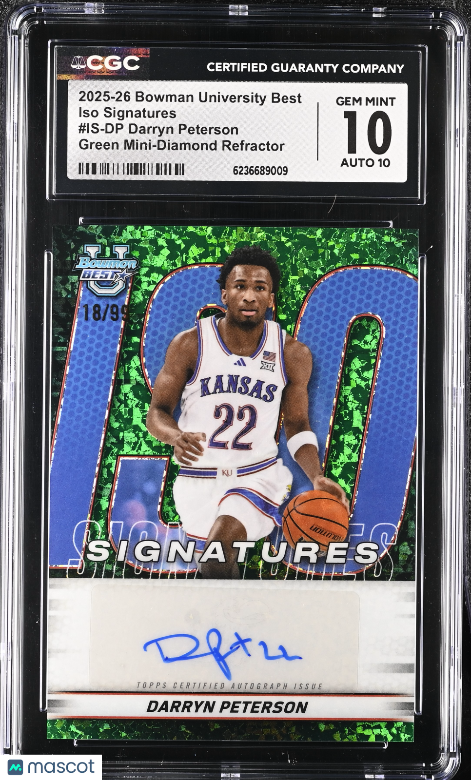 2025-26 Bowman University Best Darryn Peterson Green /99 Rookie Auto #DP CGC 10
