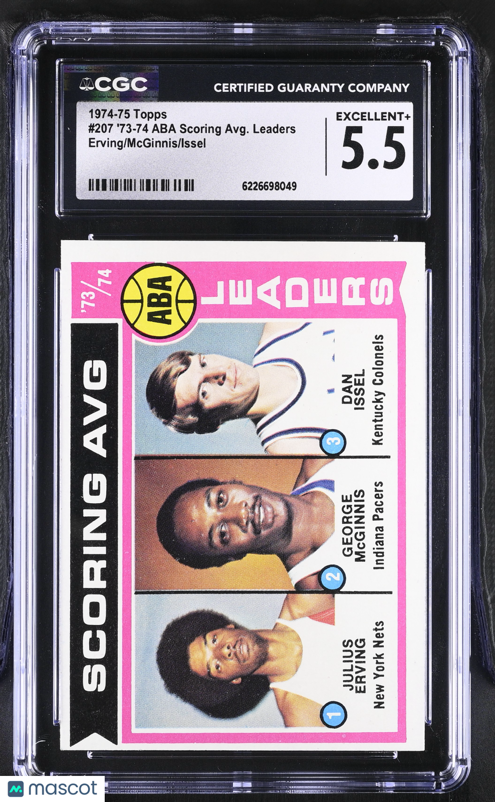1974-75 Topps '73-74 ABA Scoring Avg. Leaders Erving/McGinnis/Issel #207 CGC 5.5