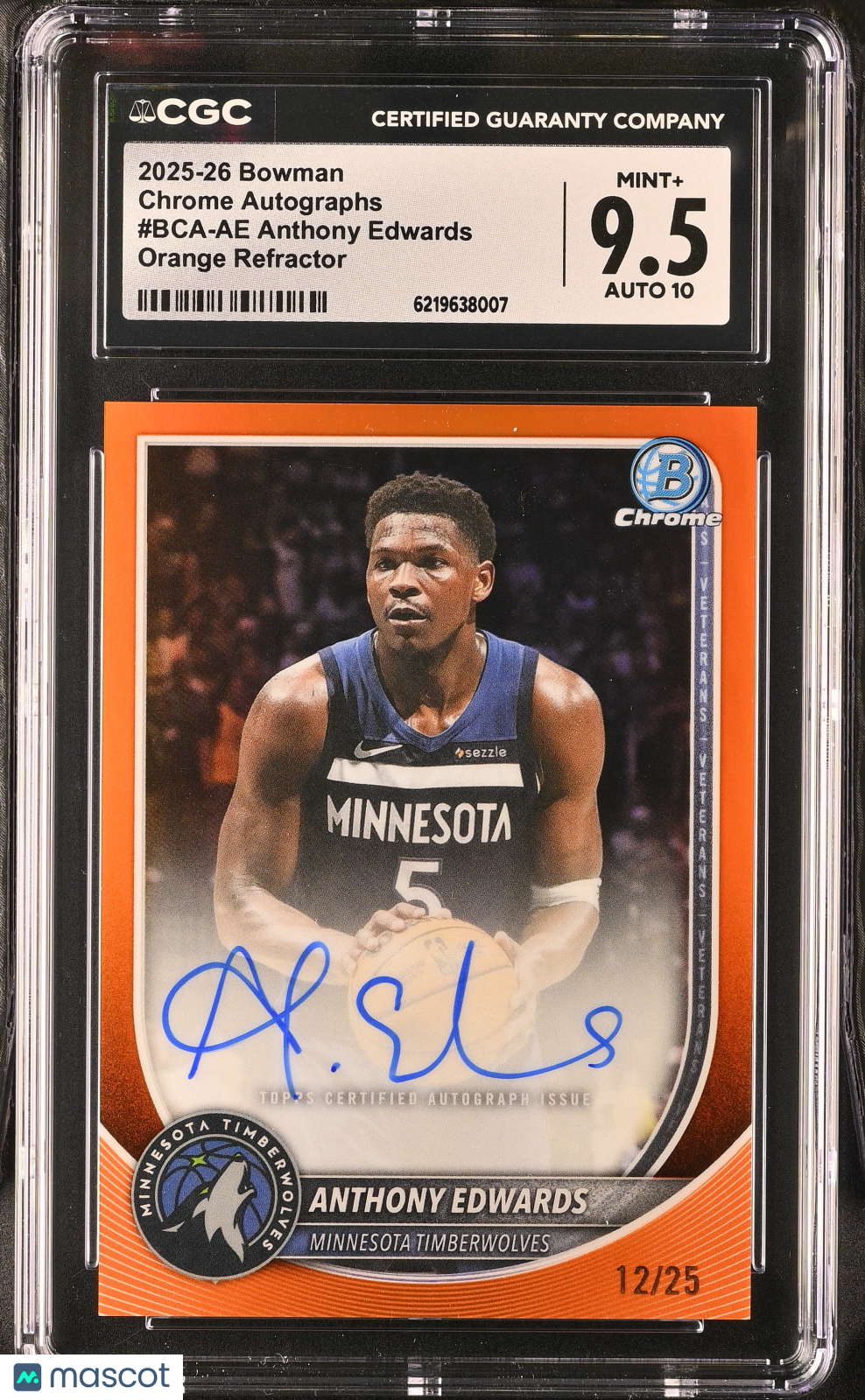 2025-26 Bowman Anthony Edwards Orange /25 Chrome Auto CGC 9.5 Timberwolves