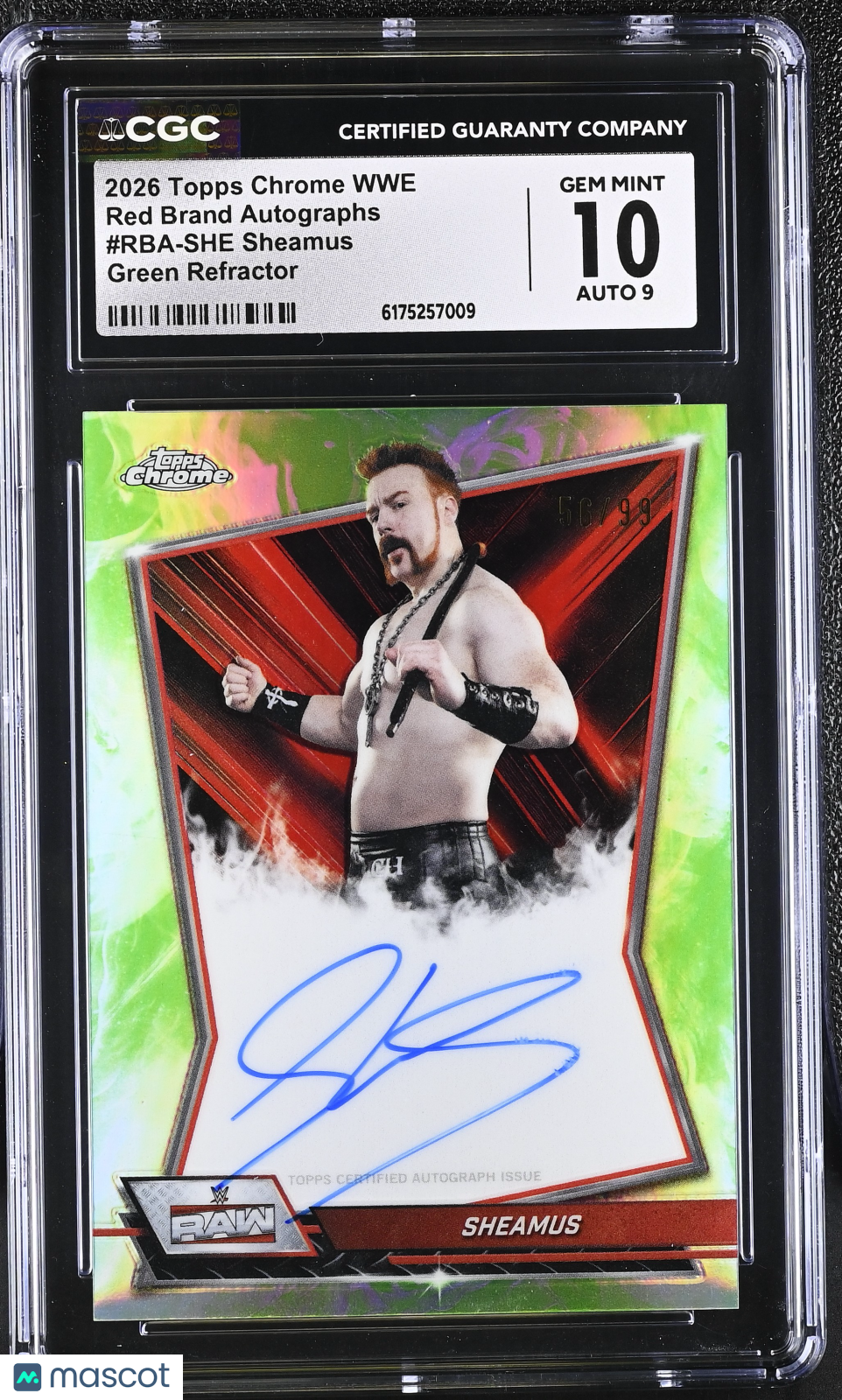 2026 Topps Chrome WWE Sheamus Green Refractor /99 Red Brand Auto #RBA-SHE CGC 10