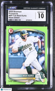 2025 Bowman Nick Kurtz Neon Green /399 Rookie Prospects #BP-114 CGC 10 Athletics