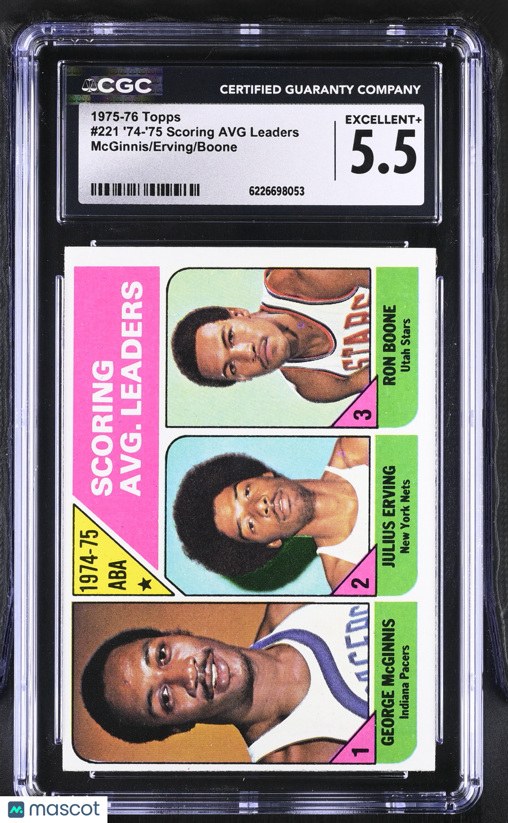 1975-76 Topps '74-'75 Scoring AVG Leaders McGinnis/Erving/Boone #221 CGC 5.5