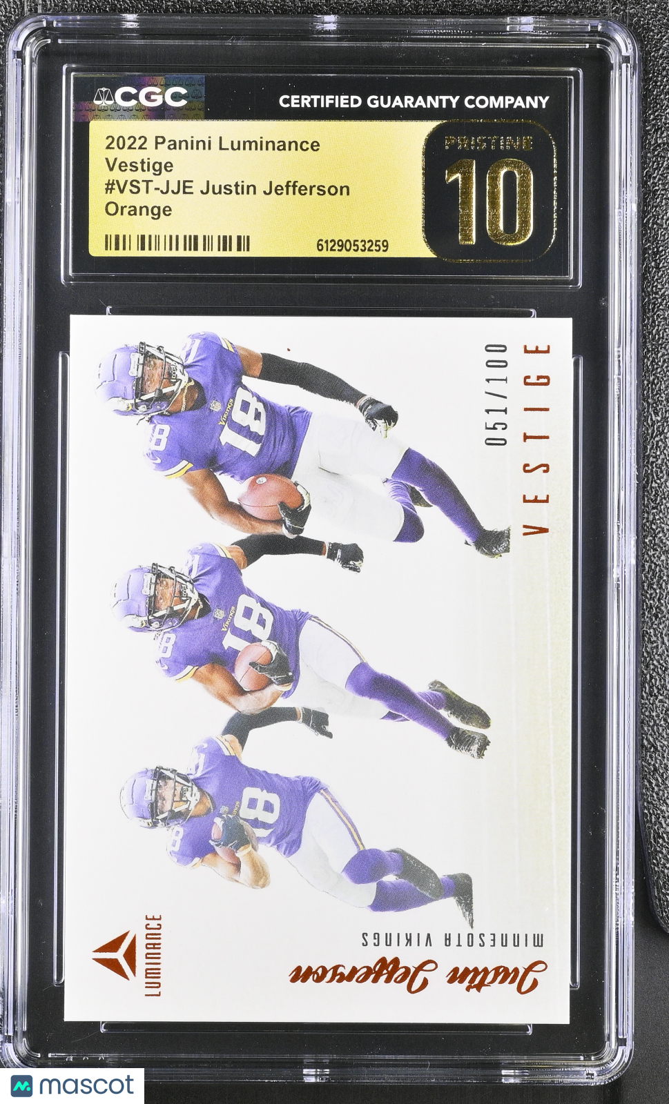 2022 Luminance Justin Jefferson Orange /100 Vestige JJE CGC 10 Pristine Vikings