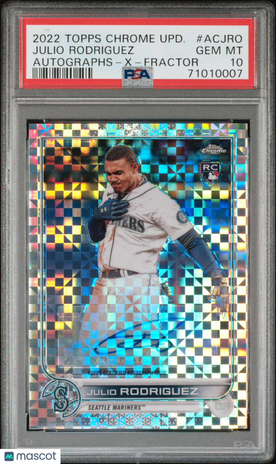 2022 Topps Chrome Update Auto Julio Rodriguez X Fractor /125 Rookie ACJRO PSA 10