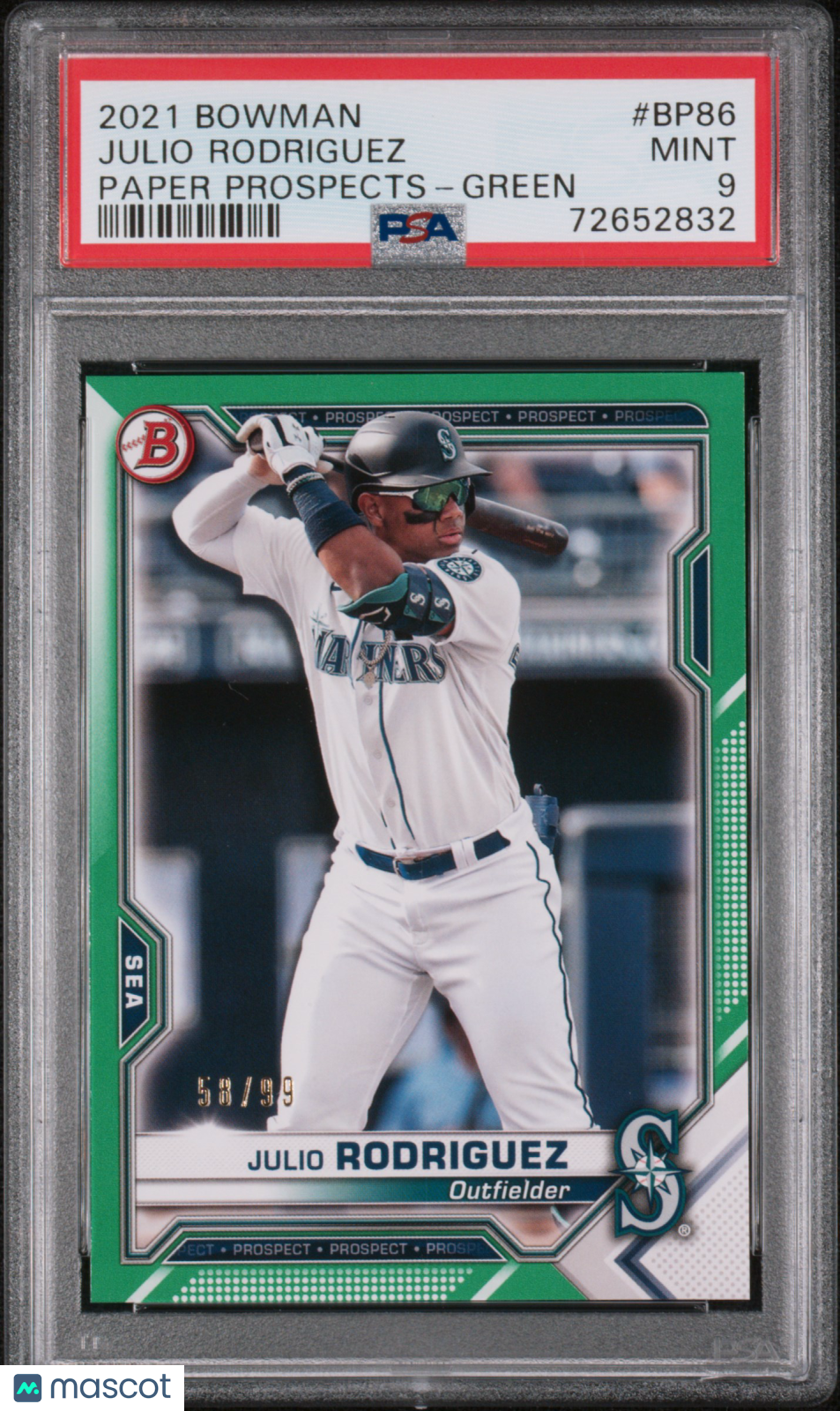 2021 Bowman Paper Prospects Julio Rodriguez Green /99 Rookie BP86 PSA 9 Mariners
