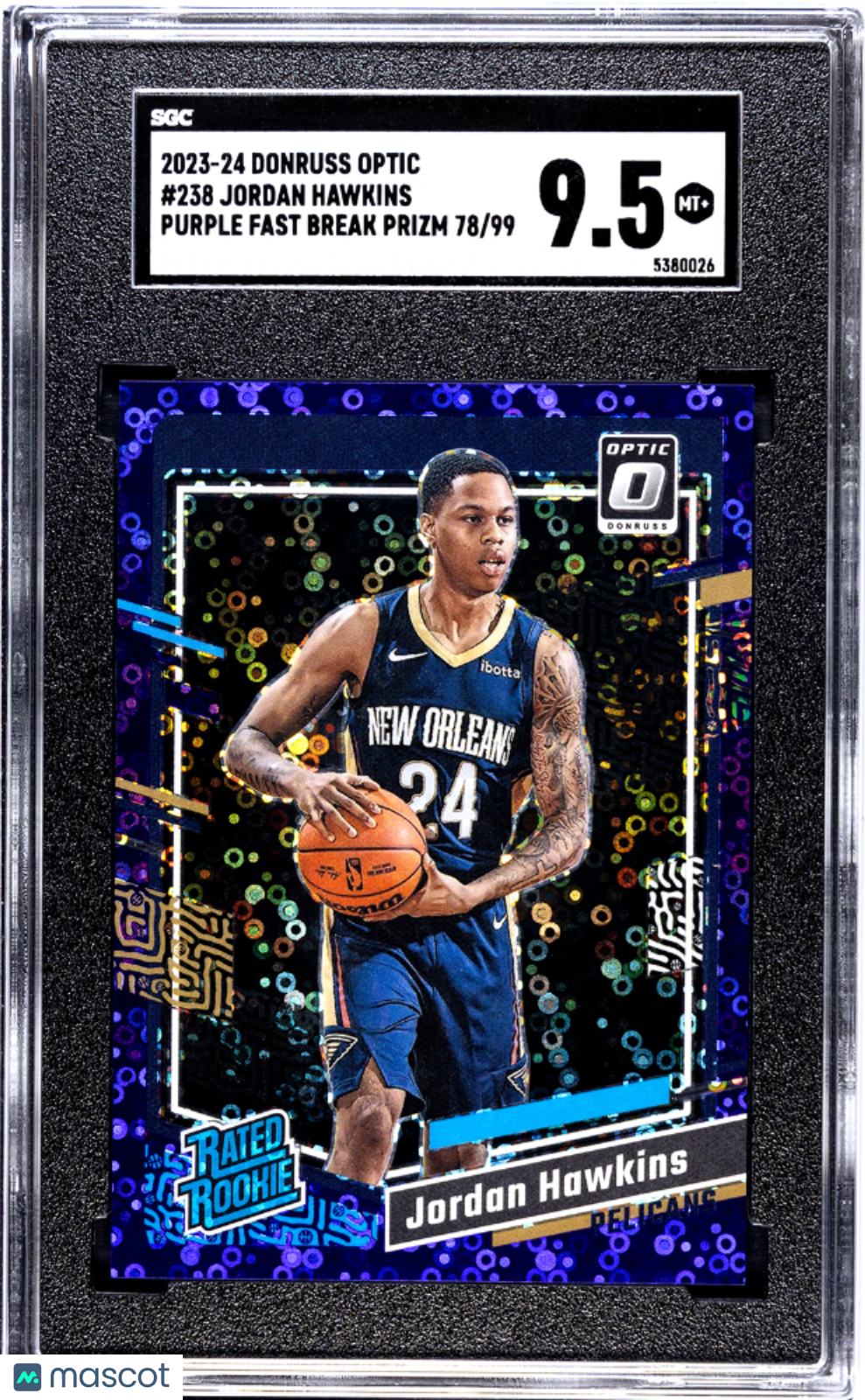 2023 Donruss Optic Jordan Hawkins Purple F, Break Prizm 99 #238 SGC 9.5 Pelicans