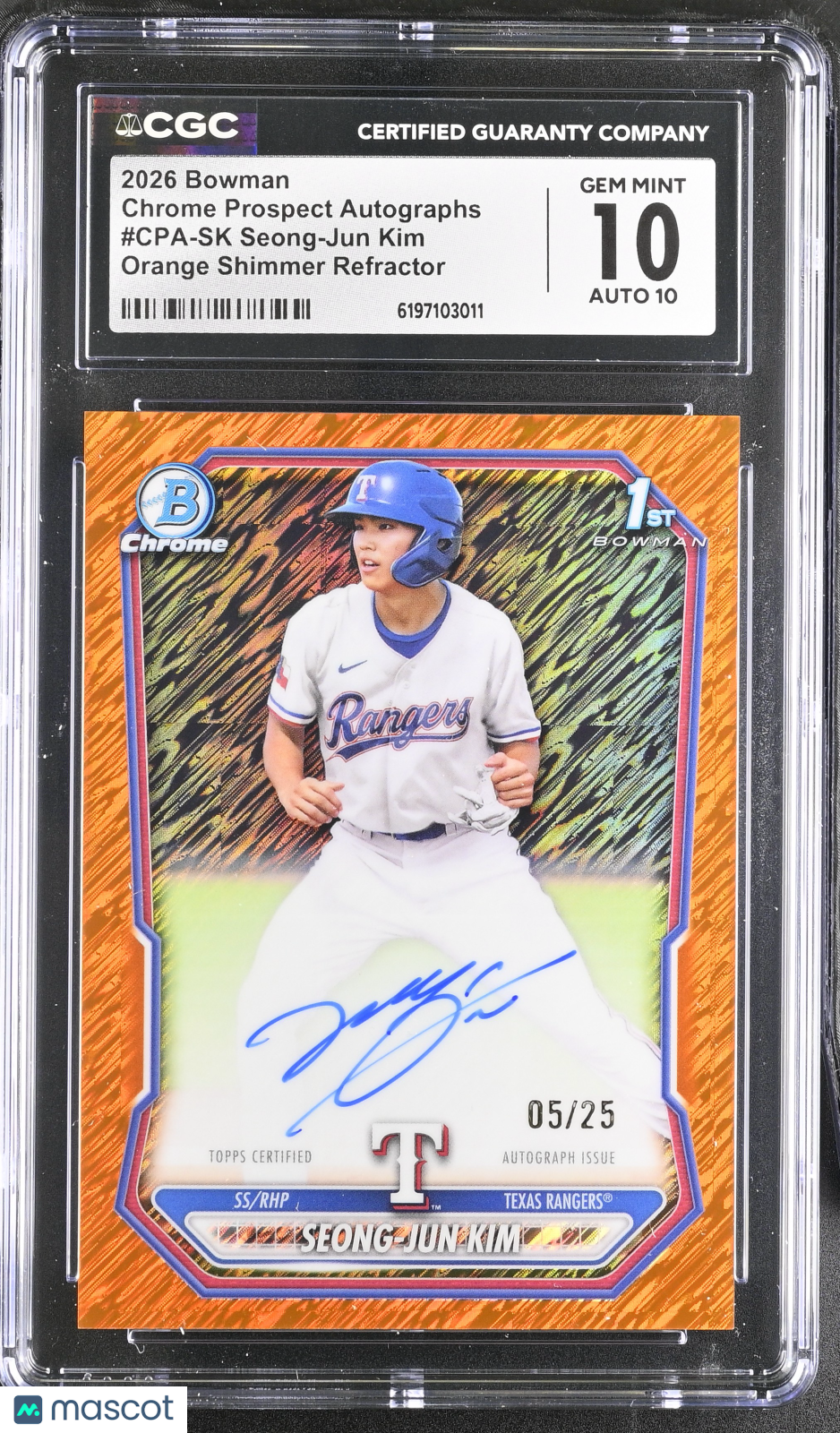 2026 Bowman Seong-Jun Kim Orange Shimmer /25 Rookie Chrome Auto #CPA-SK CGC 10