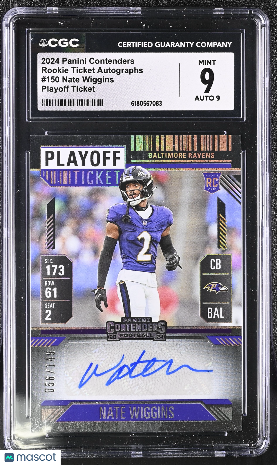 2024 Contenders Nate Wiggins Playoff Ticket /149 Rookie Auto #150 CGC 9 Ravens