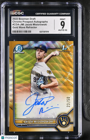 2022 Bowman Draft Jacob Misiorowski Gold Wave /50 Rookie Chrome Auto CGC 9