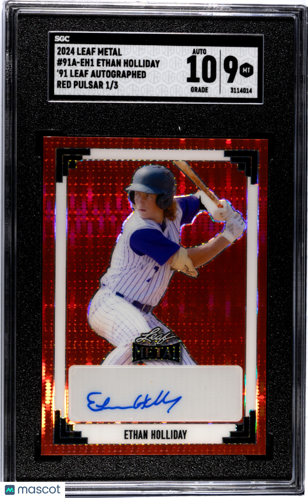 2024 Leaf Metal Ethan Holliday '91 Auto Red Pulsar /3 Rookie #EH1 SGC 9 Rockies