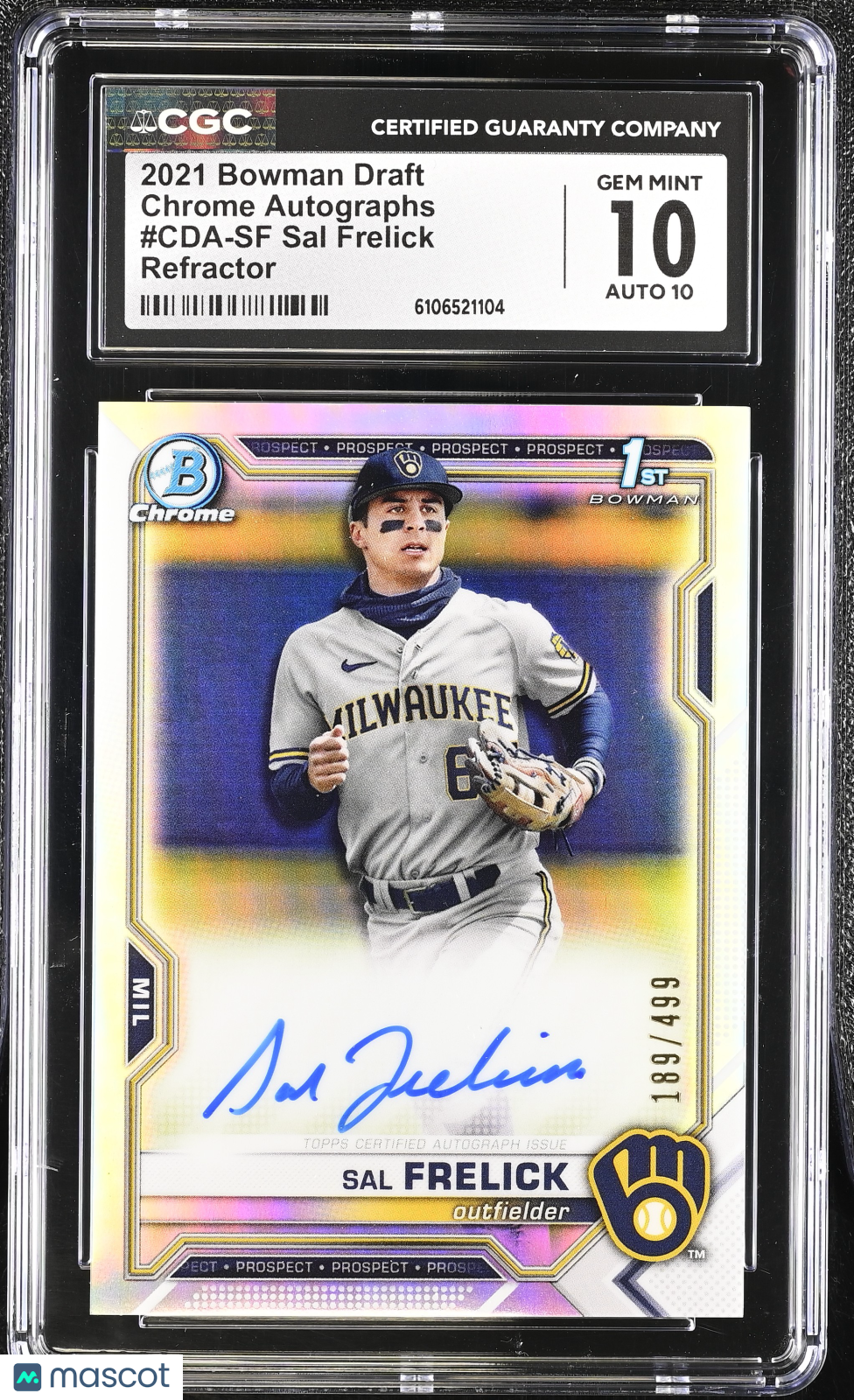 2021 Bowman Draft Sal Frelick Refractor /499 Rookie Chrome Auto #CDA-SF CGC 10