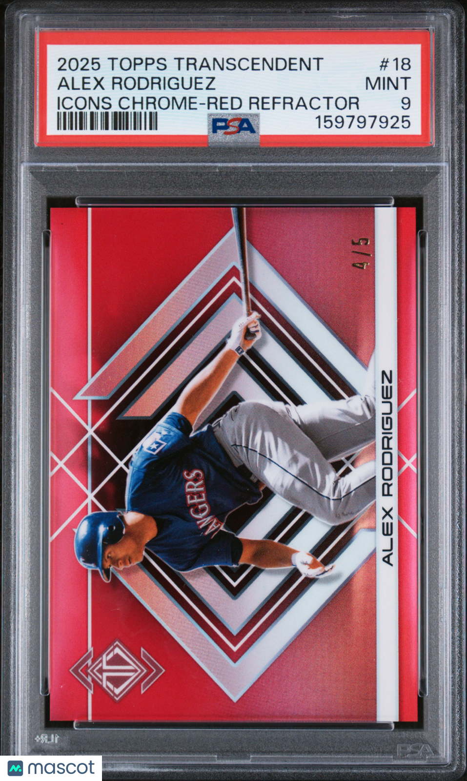 2025 Topps Transcendent Collection Icons Chrome Alex Rodriguez Red /5 #18 PSA 9