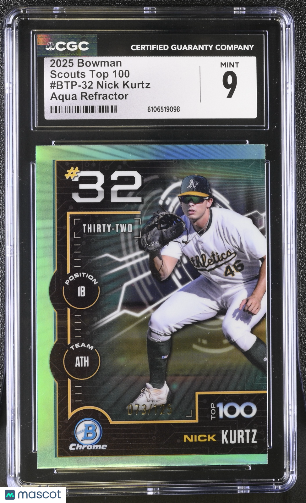2025 Bowman Nick Kurtz Aqua Refractor /125 Scouts Top 100 BTP-32 CGC 9 Athletics