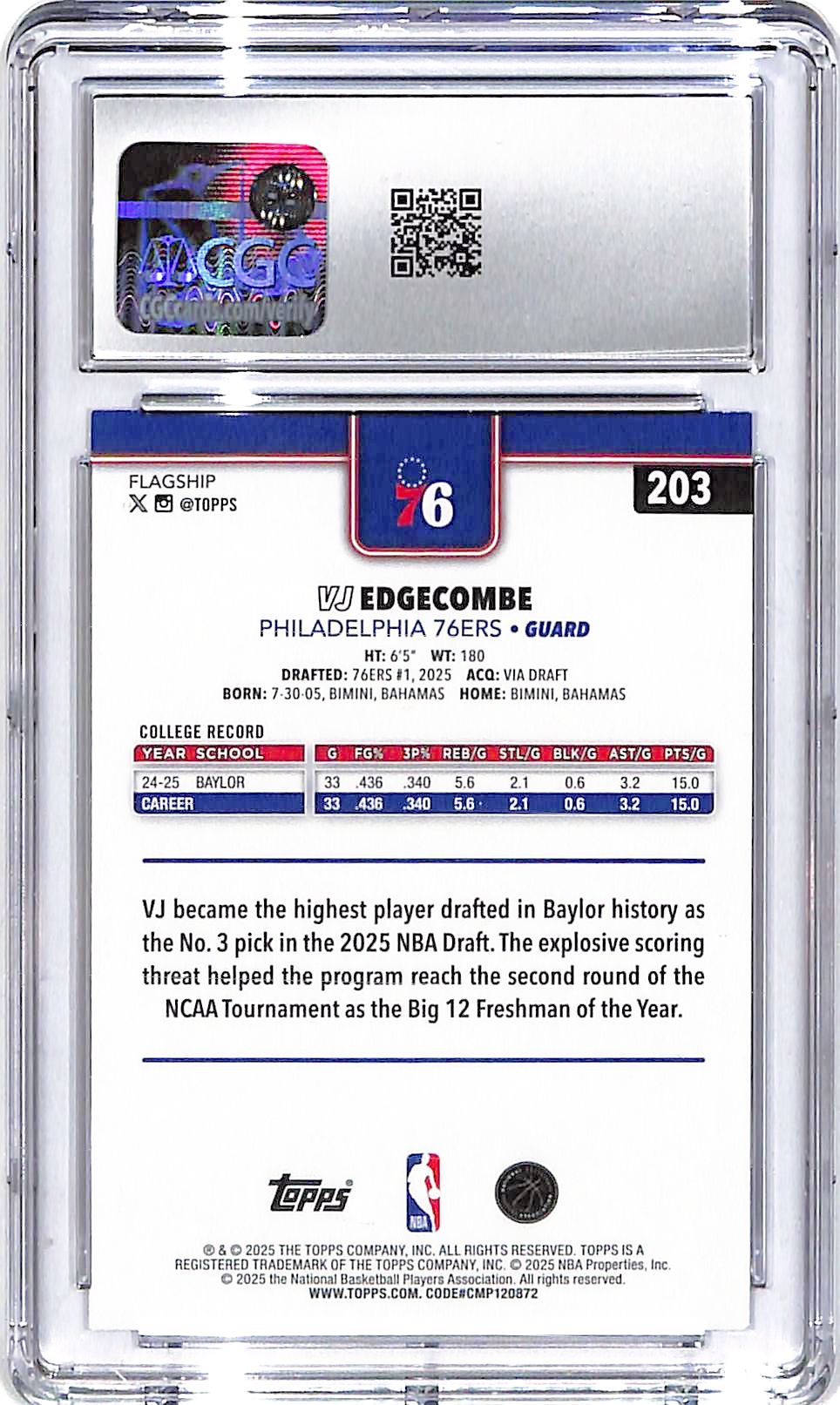 2025-26 VJ Edgecombe Topps #203 CGC Gem Mint 10