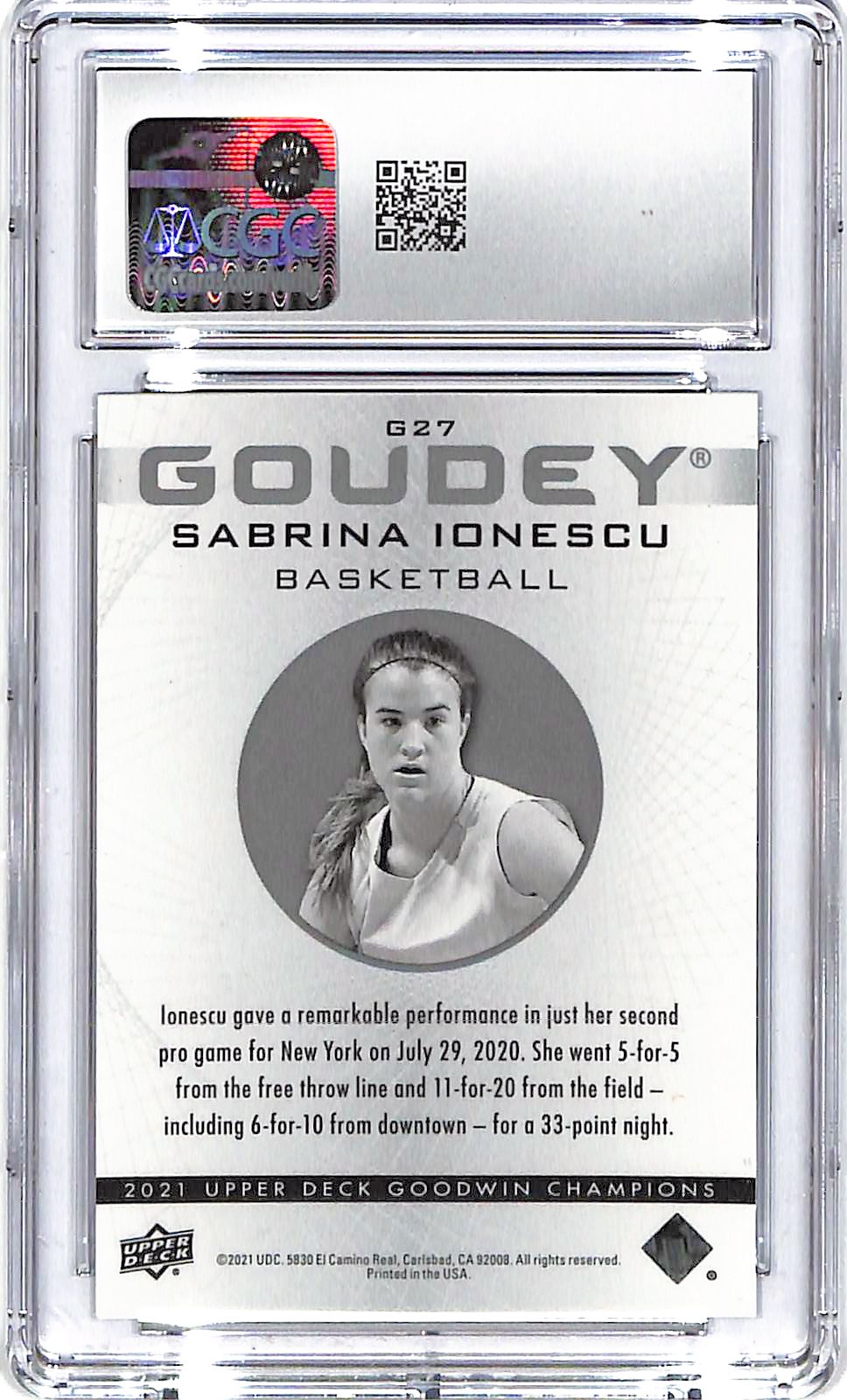 2021 Sabrina Ionescu UD Goodwin Champ. Goudey Blue #46/99 #G27 CCG Gem Mint 10