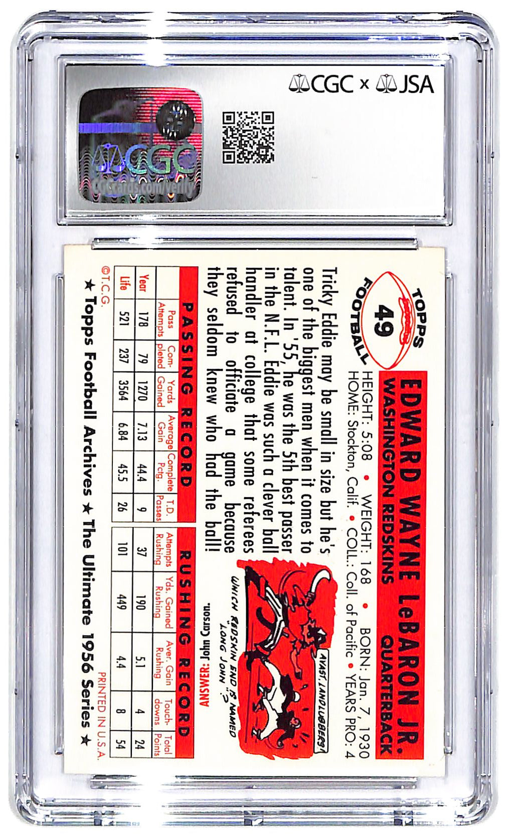 Signed 1994 Eddie Lebaron Topps Archives '56 #49 CGC 8.5 Auto 10