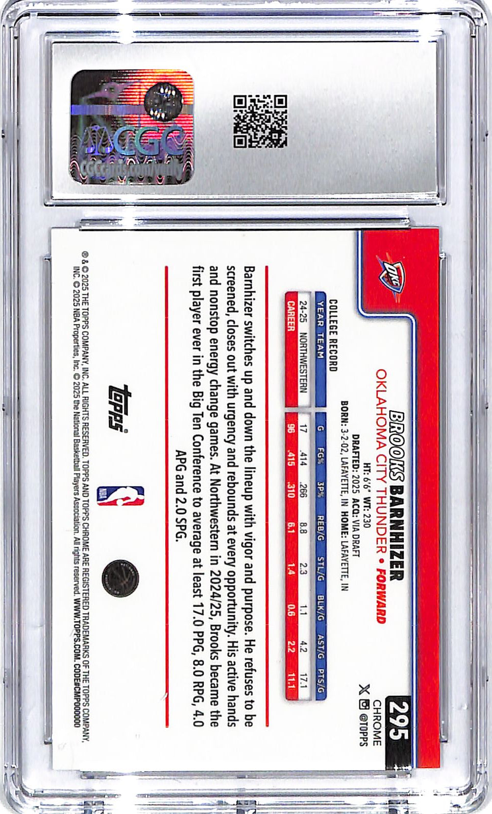 2025-26 Brooks Barnhizer Topps Chrome #295 Black RayWave Refractor CGC Gem Mint 10