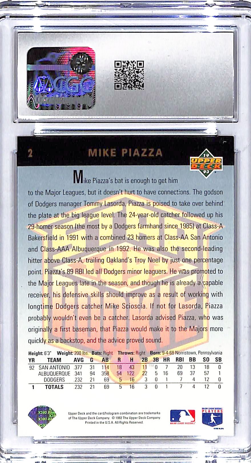 1993 Mike Piazza Upper Deck #2 CGC Mint 9