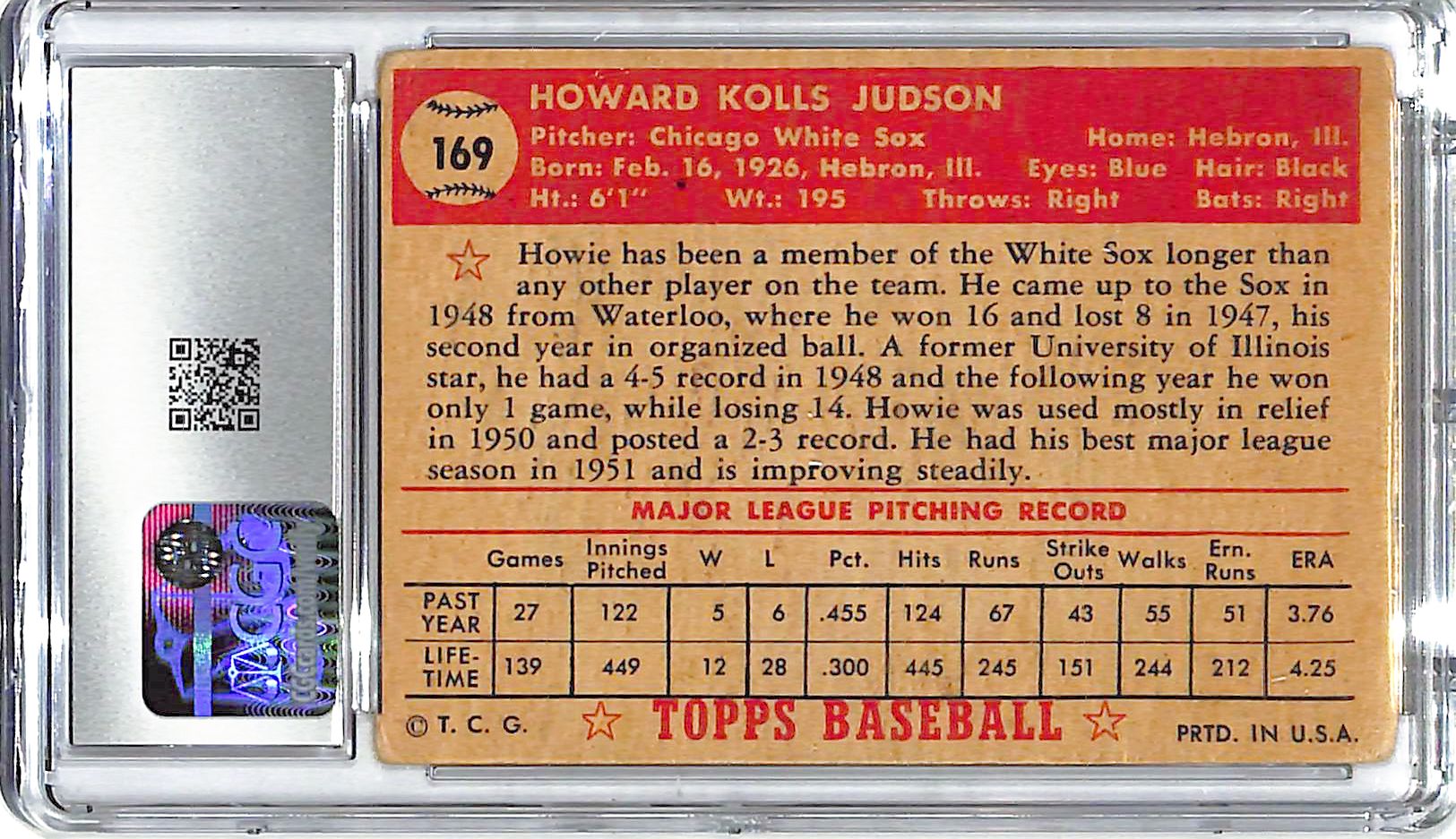 1952 Howie Judson Topps #169 CGC Very Good 3