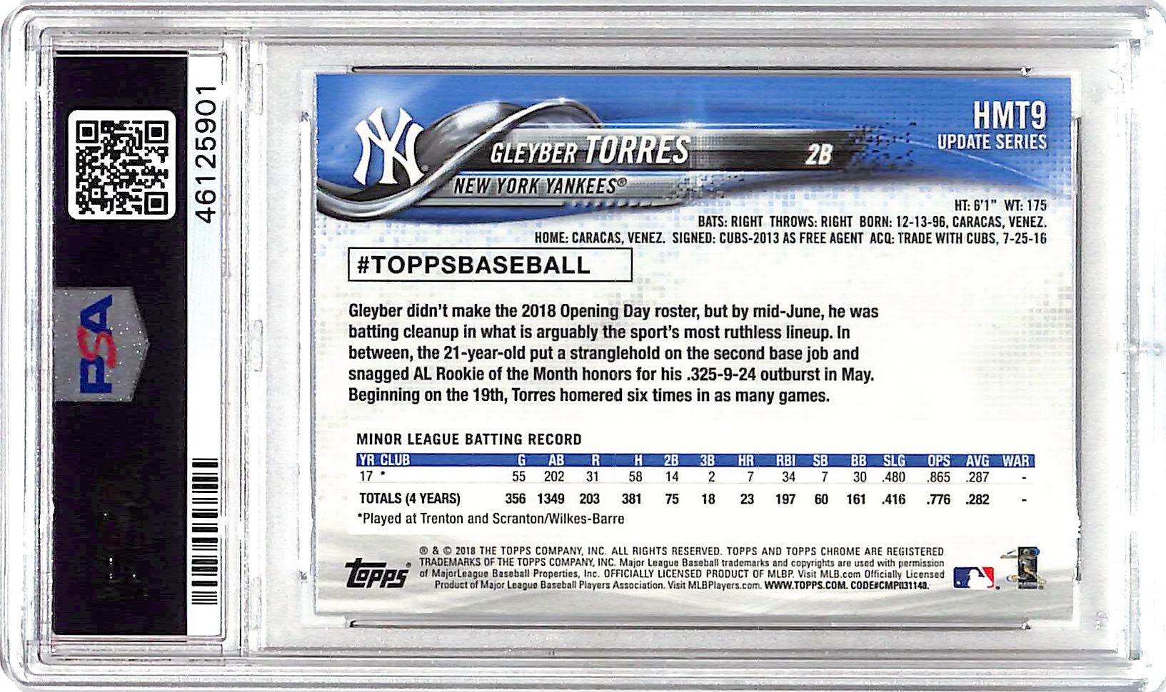 2018 Gleyber Torres Topps Chrome Update HMT9 PSA Gem Mint 10
