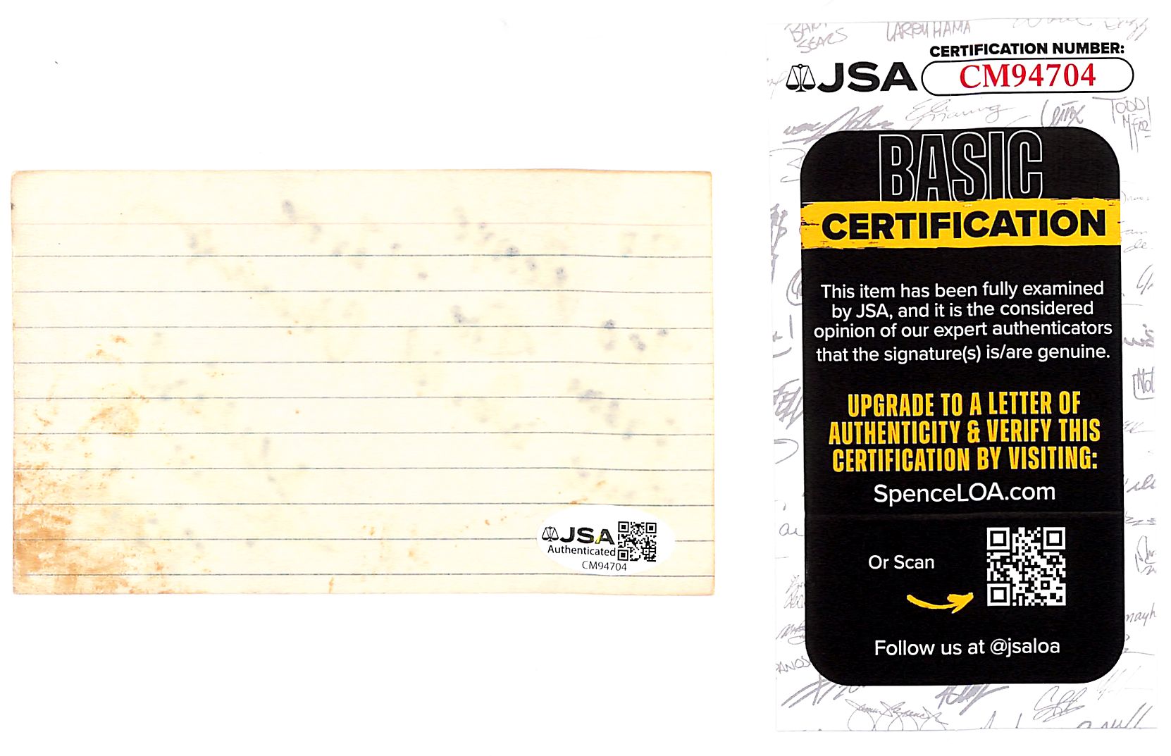 Alexis Arguello Signed and Inscription Index Card JSA Authentic