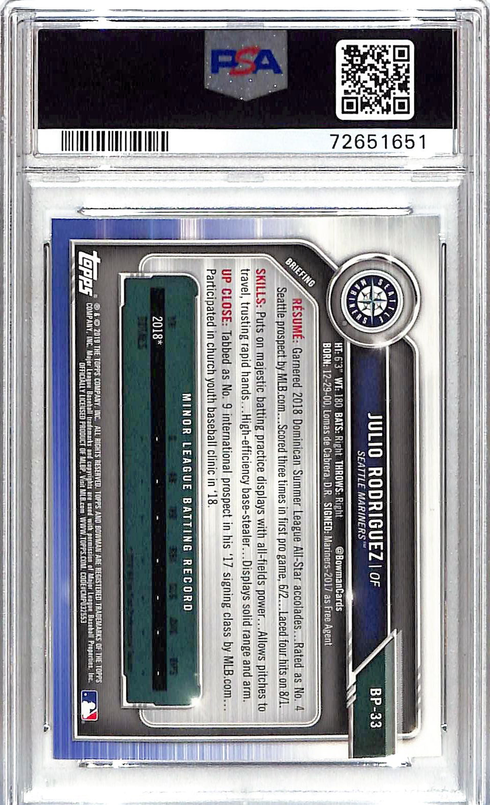 2019 Julio Rodriguez Bowman Paper Prospects BP33 PSA Gem Mint 10