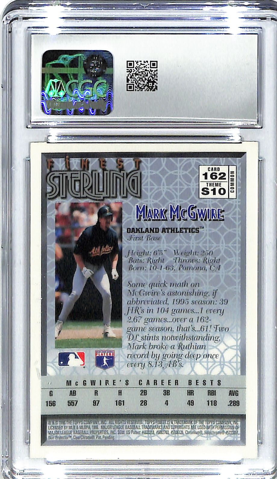 1996 Mark McGwire Topps Finest #162 CGC Mint Plus 9.5