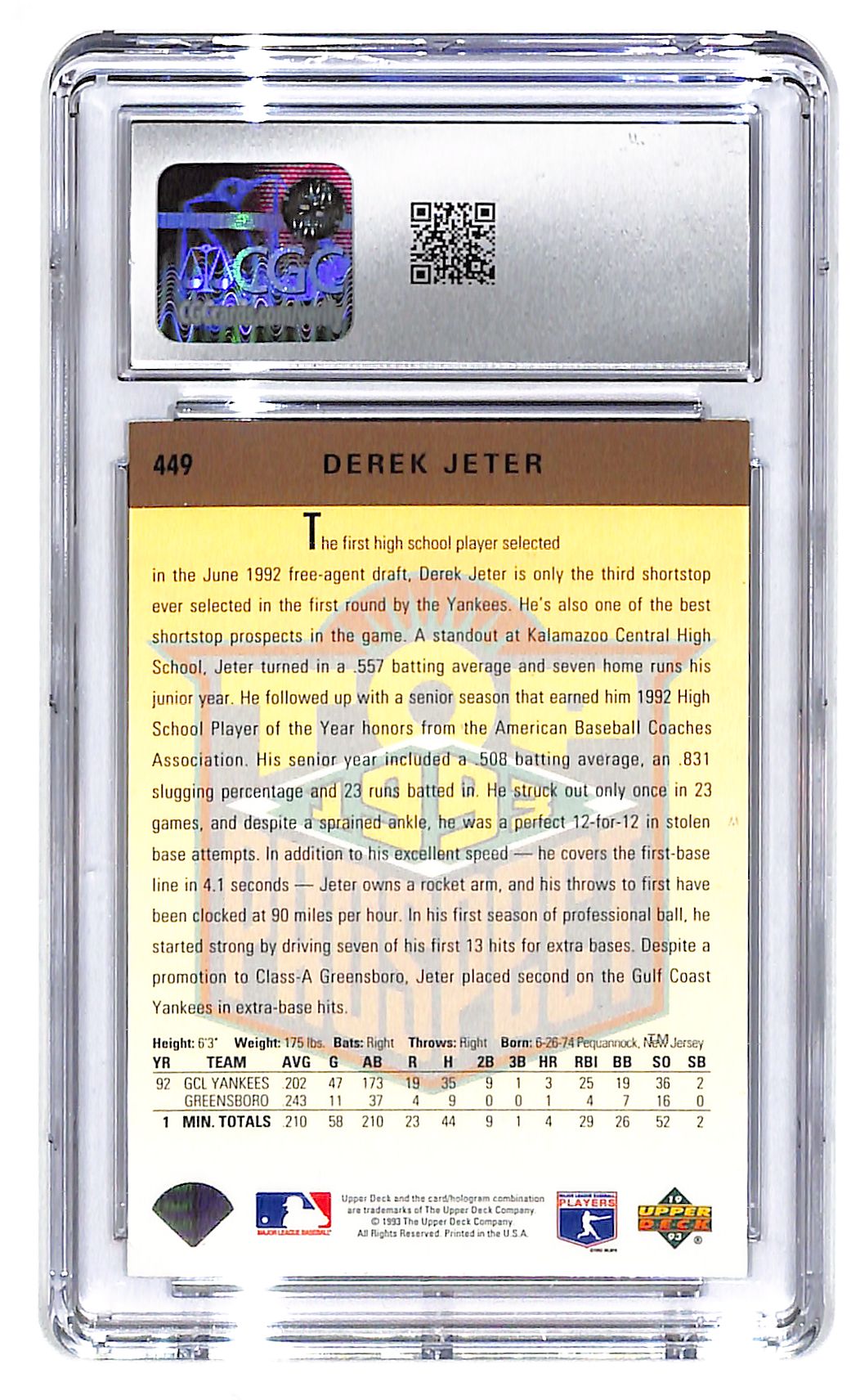 1993 Derek Jeter Upper Deck #449 CGC Mint 9