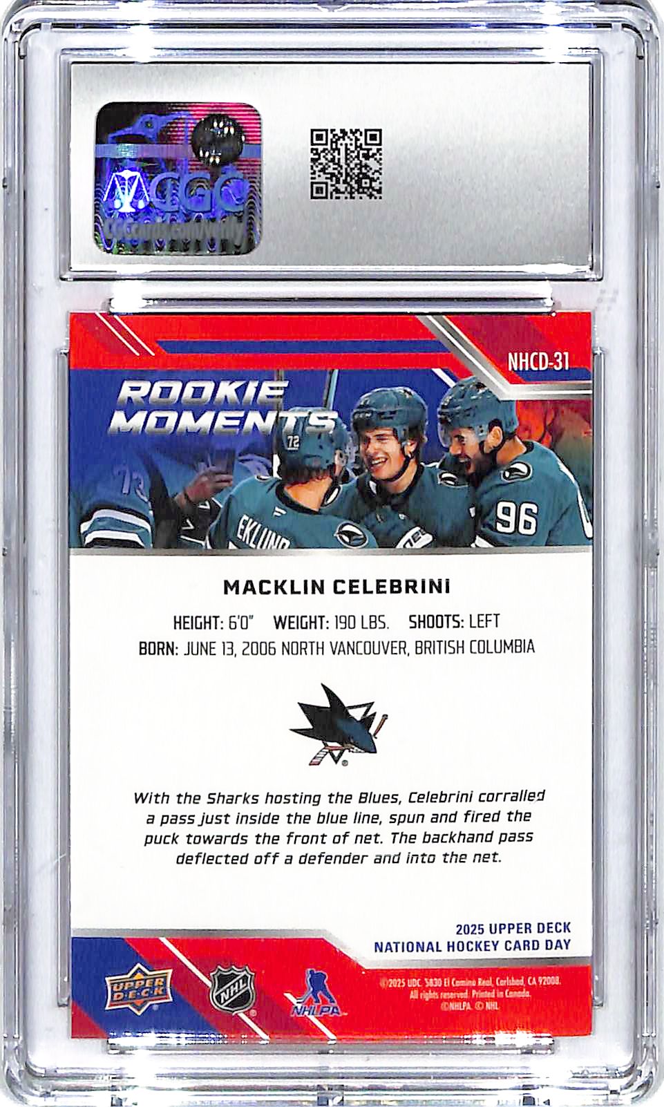 2025 Macklin Celebrini Upper Deck National Hockey Day #NHCD-13 CGC Gem Mint 10