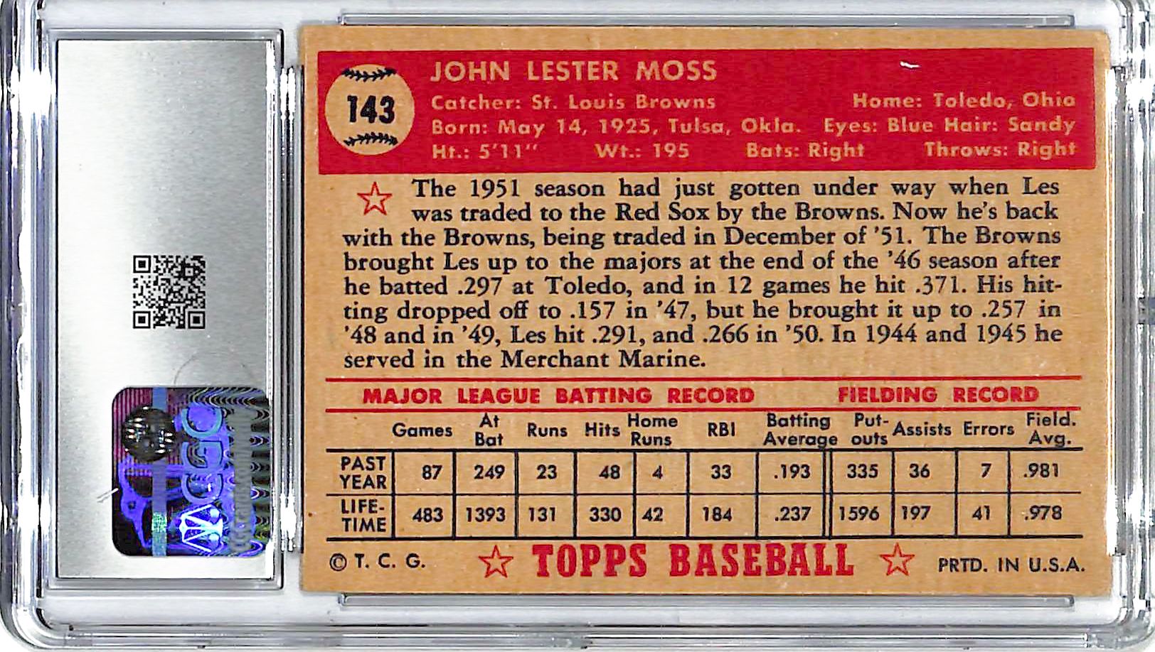 1952 Les Moss Topps #143 CGC Very Good 4.5
