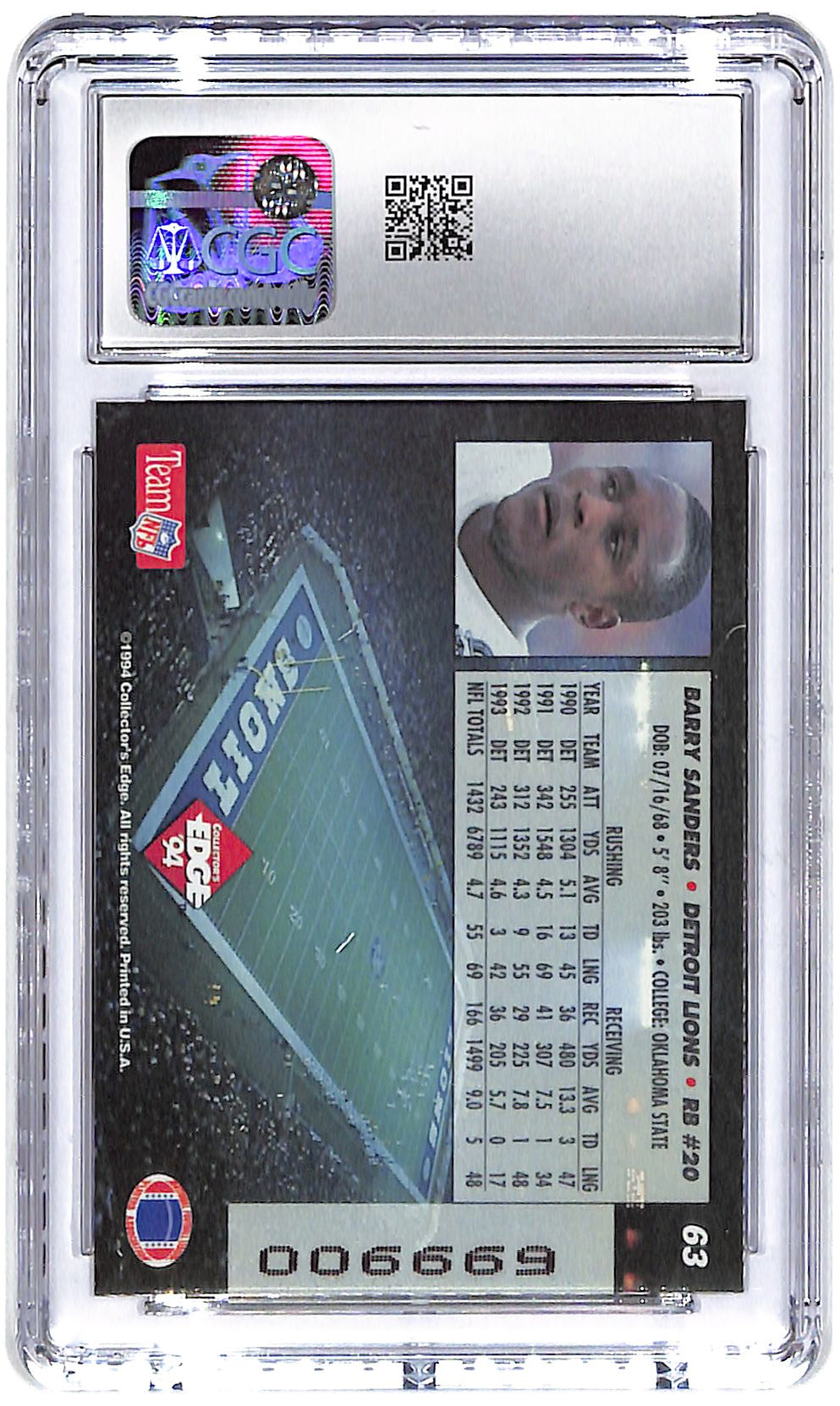 1994 Barry Sanders Collector's Edge 1st Day Gold #63 CGC Mint 9