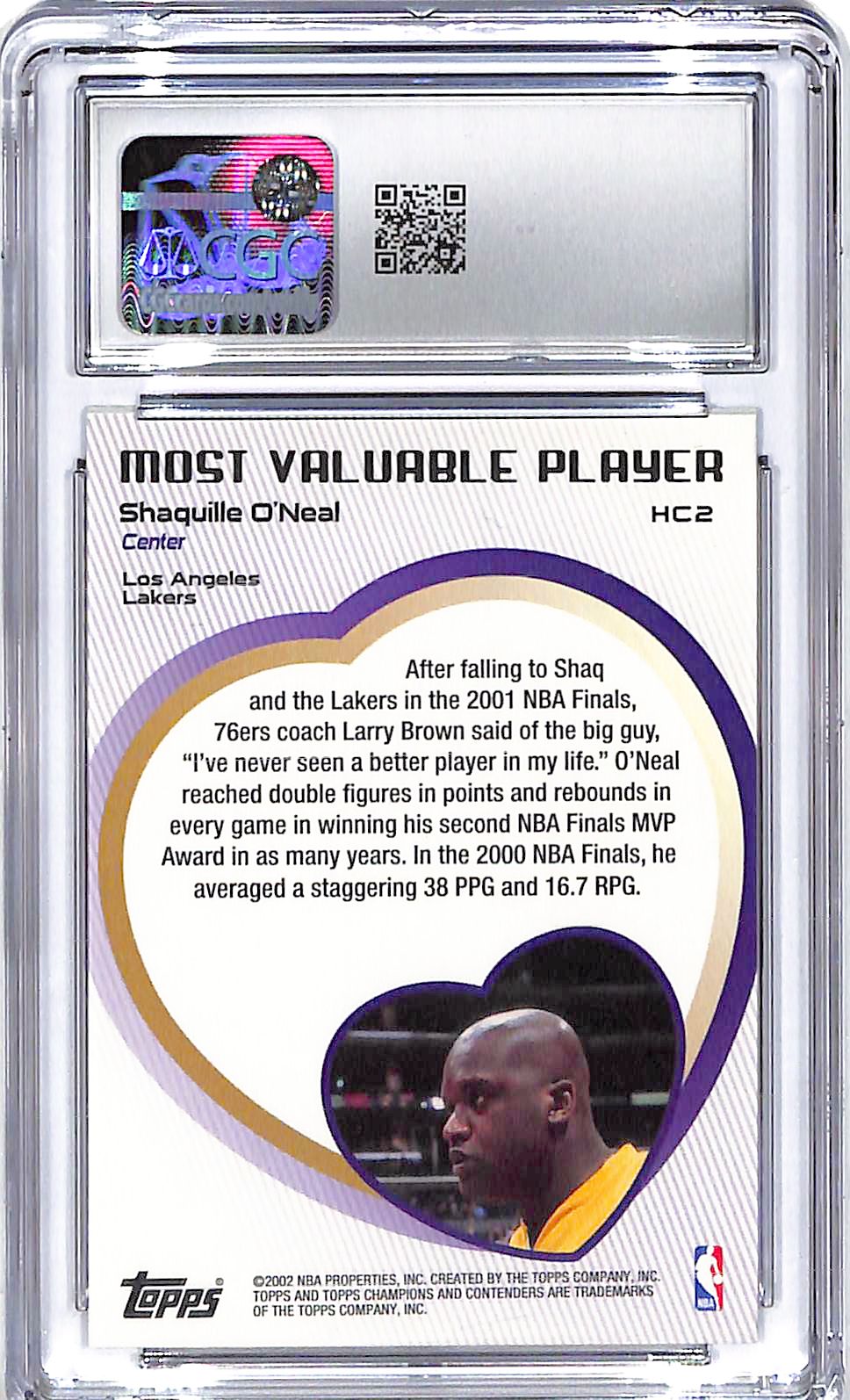 2001-02 Shaquille O'Neal Topps TCC Hear of a Champion #HC2 CGC Gem Mint 10