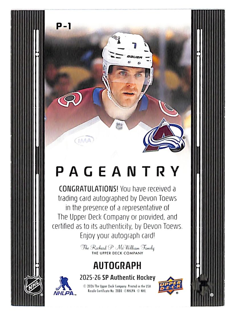 2025-26 Devon Toews SP Authentic Pageantry Autograph