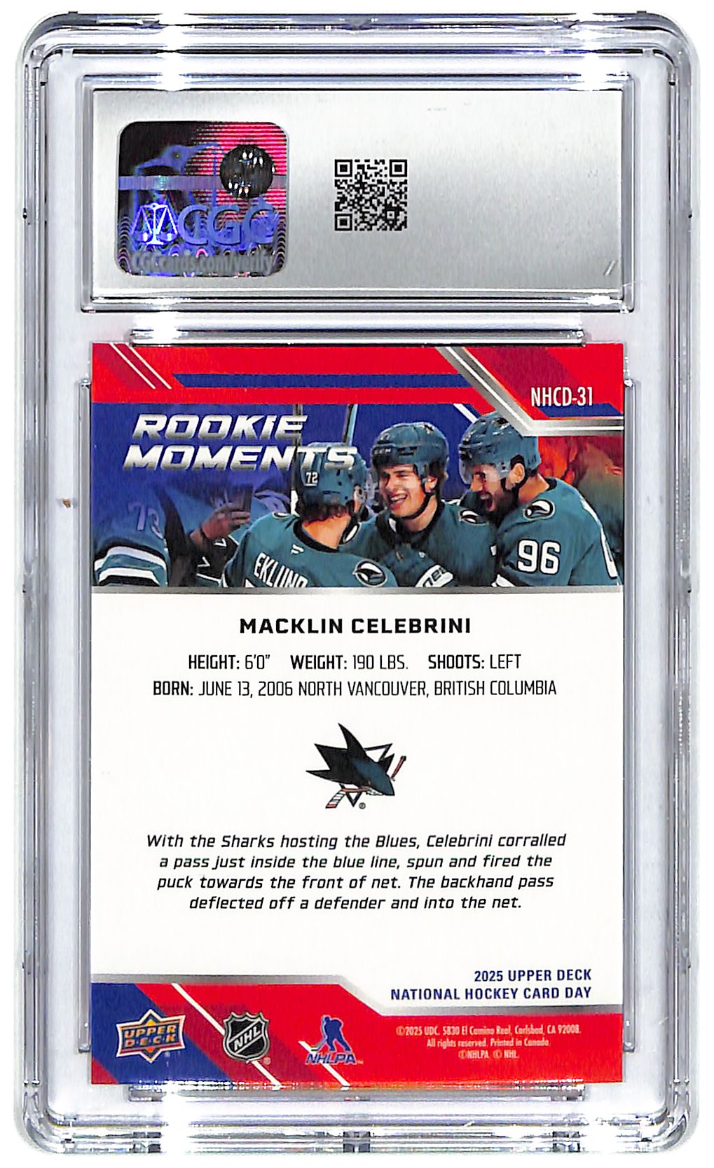 2025 Macklin Celebrini Upper Deck National Hockey Day #NHCD-13 CGC Gem Mint 10