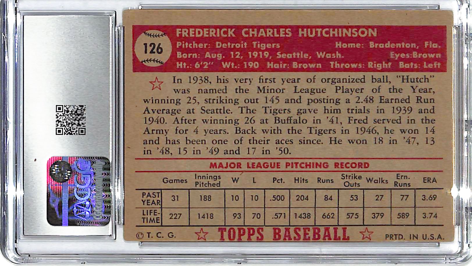 1952 Fred Hutchinson Topps #126 CGC Very Good 4.5