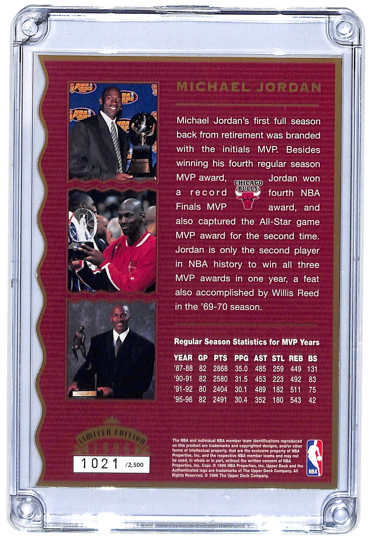 1996 Michael Jordan Upper Deck Limited Edition Authentic MVP Memorabilia #1021/2500